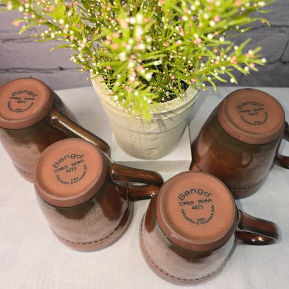 SANGO CYPRUS SIENNA MUG SET Of 4  16 OZ RUSTIC BRONZE GLAZE WITH BEADED EDGE - Picture 9 of 14